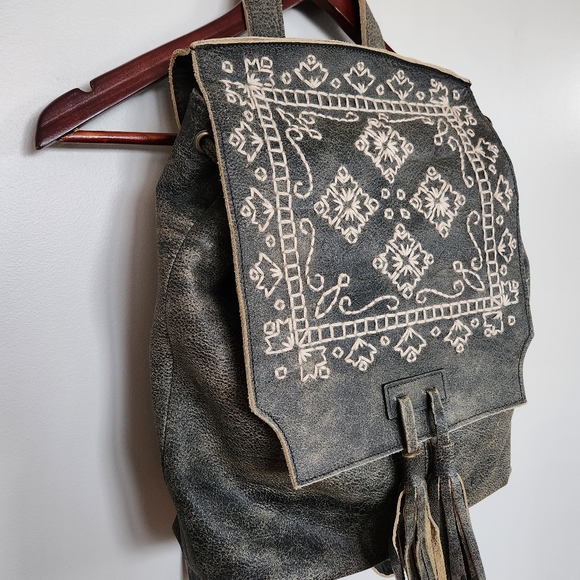 Handmade Genuine Leather Embroiderd Backpack Bag Purse - Picture 4 of 12
